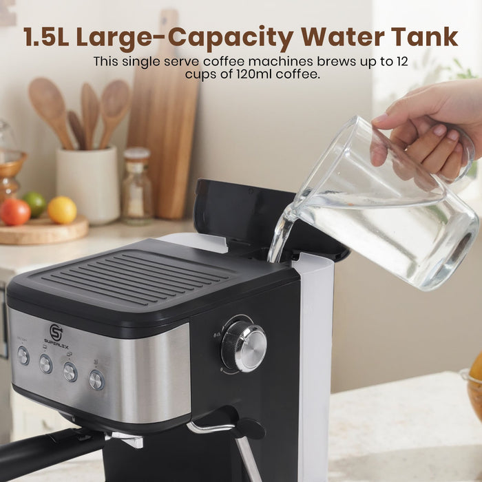 15 Bar Espresso Coffee Maker 1.5L with High-Pressure Frother & Dual Filters