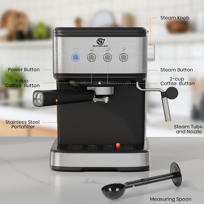 15 Bar Espresso Coffee Maker 1.5L with High-Pressure Frother & Dual Filters