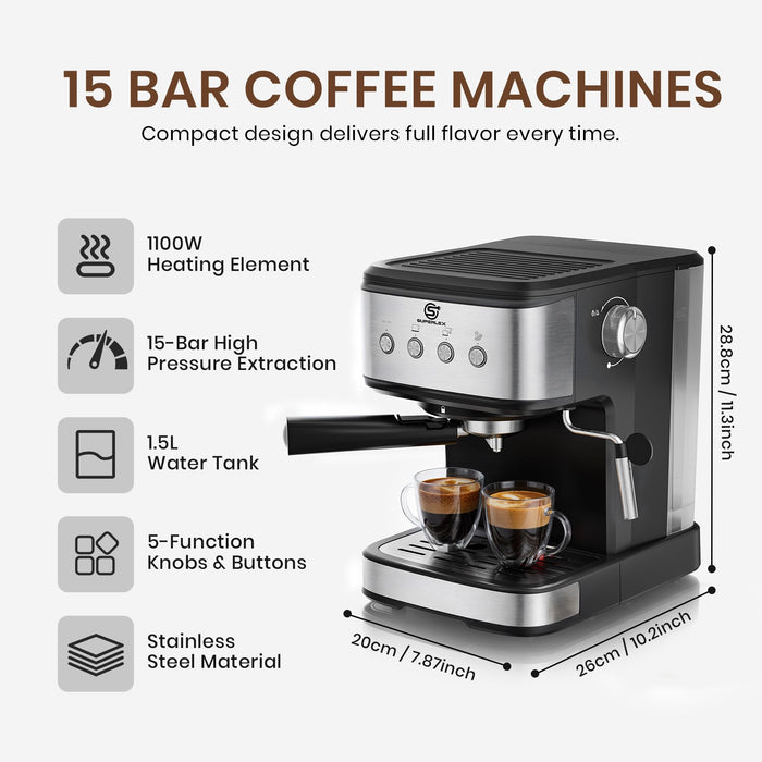 15 Bar Espresso Coffee Maker 1.5L with High-Pressure Frother & Dual Filters