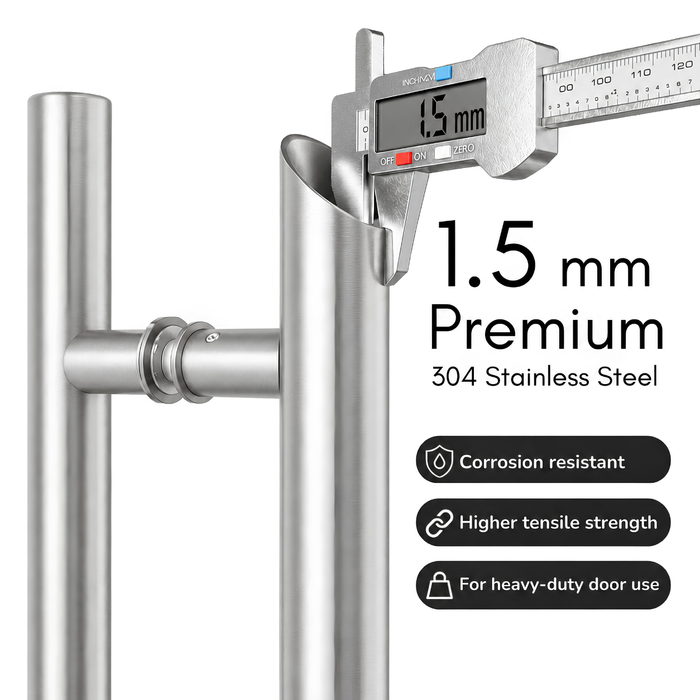 A door handle shown with a measuring 1.5 mm thickness with some features