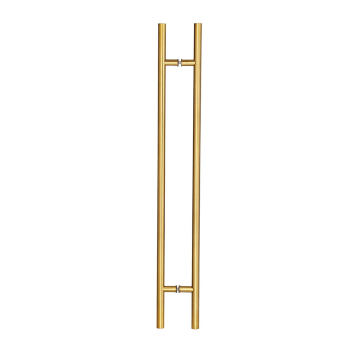 A narrow gold door pull with two vertical bars, shown on a plain white background.