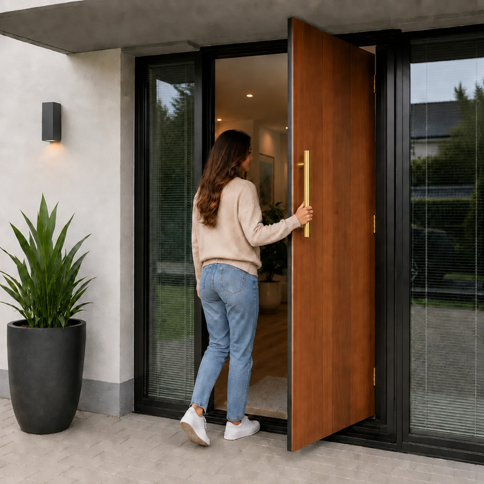 A woman holding the round door pull handle going inside