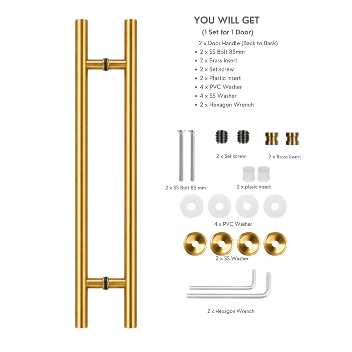 Round door pull handle with a product contents list and labels for included hardware pieces