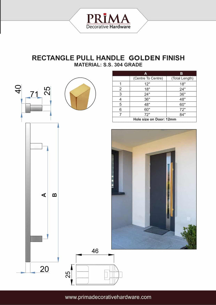 18" Single-Sided Rectangle Entry Door Pull Handle | 304 Stainless Steel - PVD Gold Finish