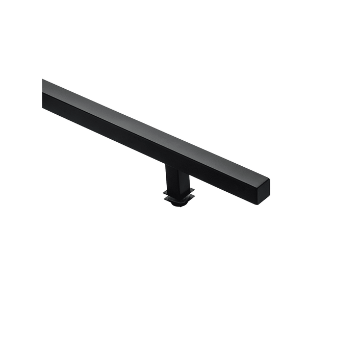 The Prima Decorative Hardware black matte door pull features a rectangular metal bar design with a vertical support bracket, displayed against a white background.