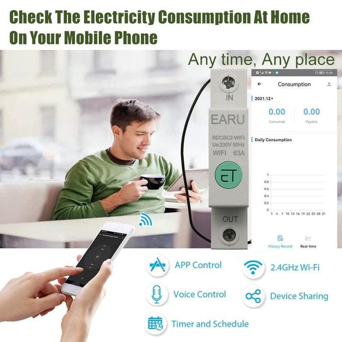 1P Din Rail WIFI Smart Energy Meter Power Consumption kWh Meter Circuit Breaker Time Timer Switch Relay Voltmeter for Smart Home.