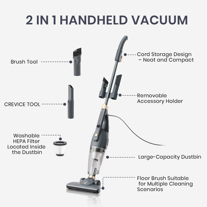 2-in-1 Stick Vacuum Cleaner – Powerful Suction with HEPA Filtration & Multi-Surface Tools