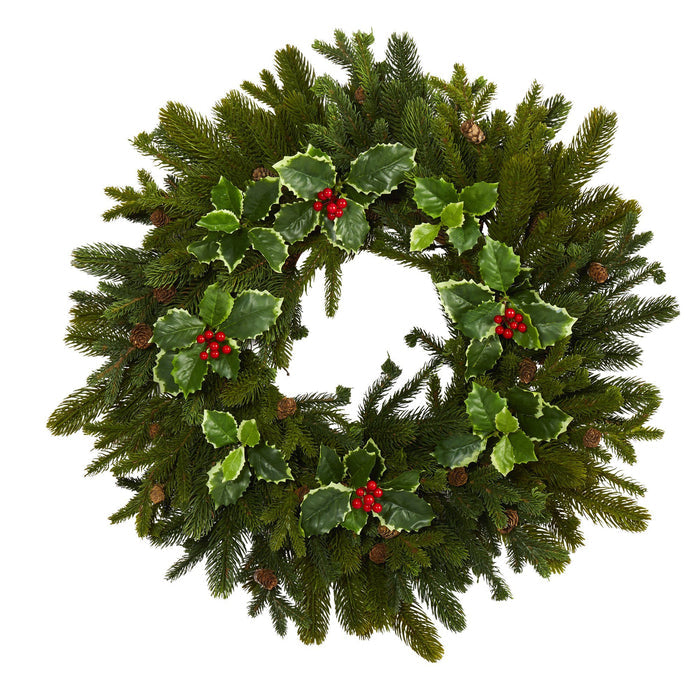 22” Pine, Pinecone and Variegated Holly Leaf Artificial Wreath