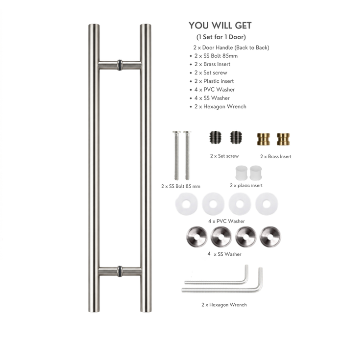 Round door pull handle with a product contents list and labels for included hardware pieces