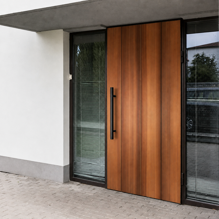 A black round door handle installed in a brown door