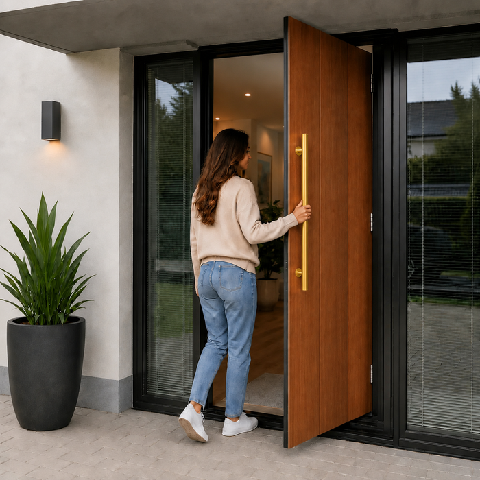 A woman holding the round door pull handle going inside