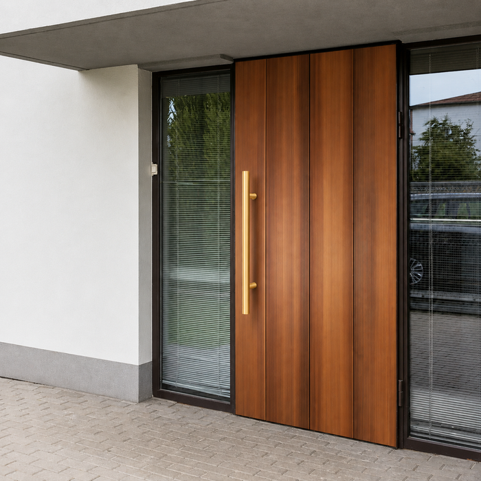 A gold round door handle installed in a brown door