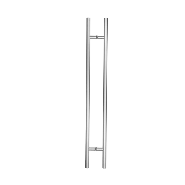A narrow stainless steel door pull with two vertical bars, shown on a plain white background.