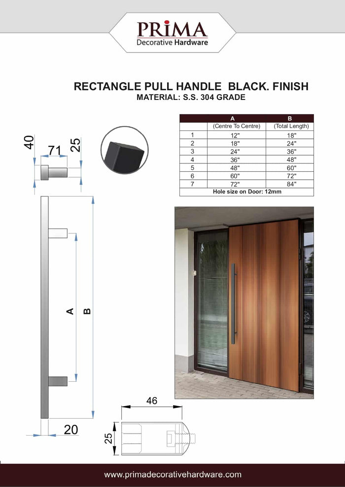 36" Single-Sided Rectangle Entry Door Pull Handle | 304 Stainless Steel - Black Matte Finish