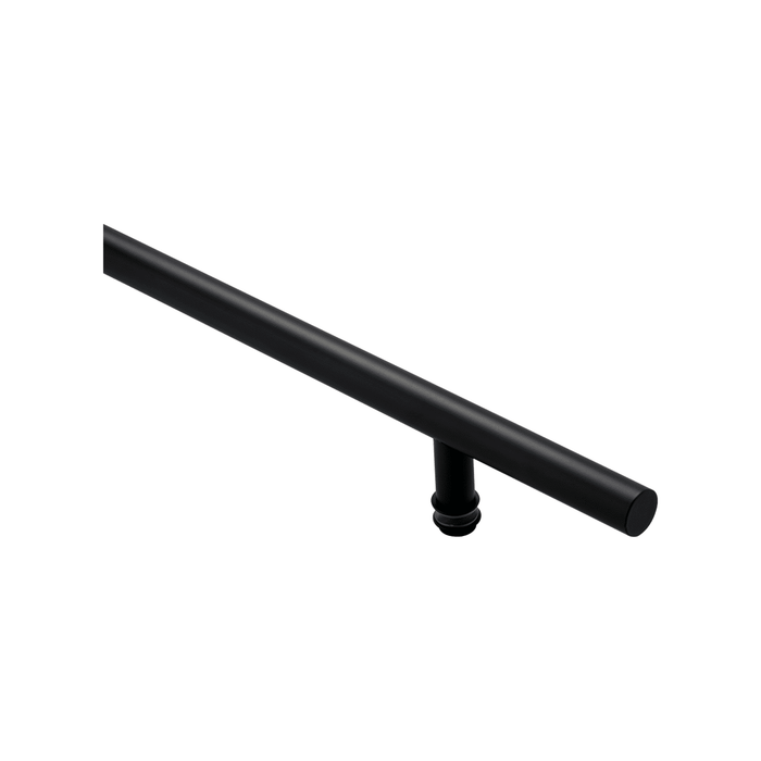A Prima Decorative Hardware black cylindrical handrail with a round bracket, made from stainless steel 304 in a matte black finish, is mounted at an angle against a plain white background.