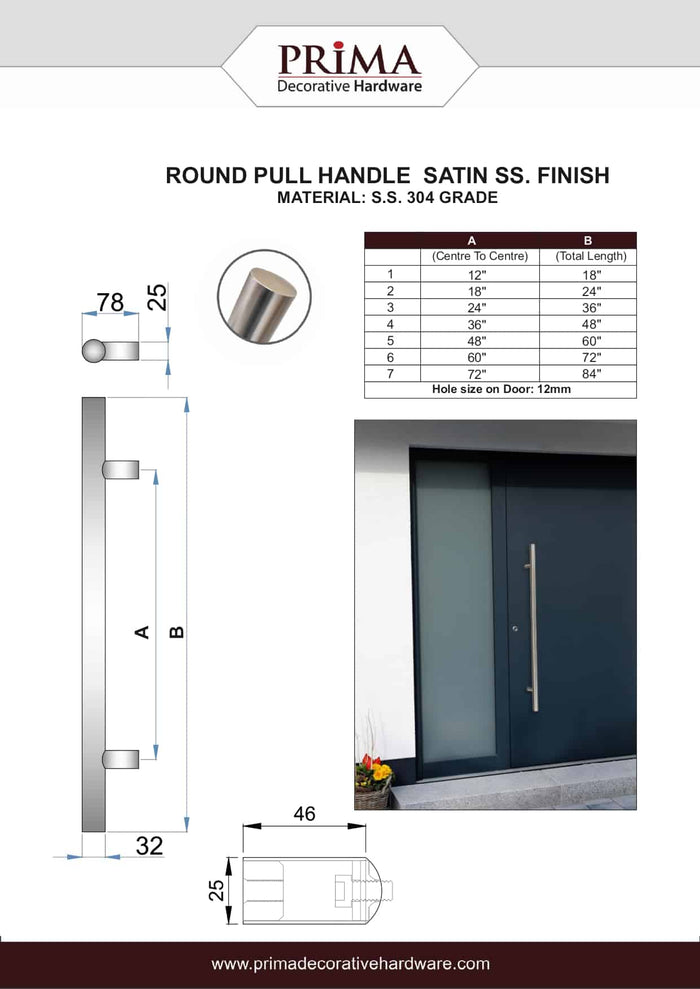 36" Single-Sided Round Entry Door Pull Handle | 304 Stainless Steel - Satin Brushed Finish