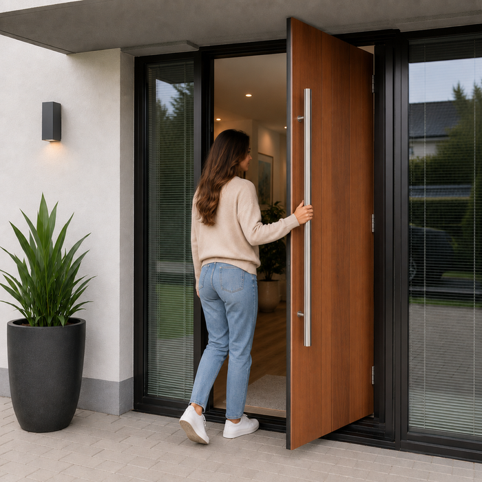 A woman holding the round door pull handle going inside