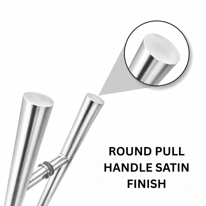 A close-up round door pull handle satin finish