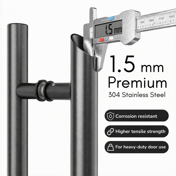 A door handle shown with a measuring 1.5 mm thickness with some features