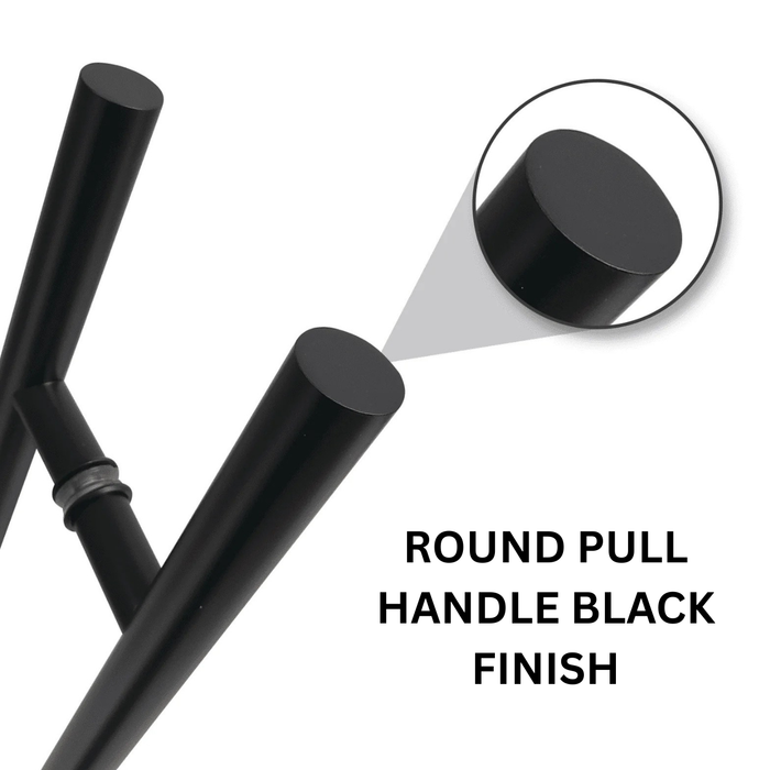 A close-up round door pull handle black finish