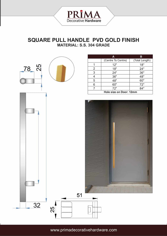 48" Single-Sided Square Entry Door Pull Handle | 304 Stainless Steel - PVD Gold Finish