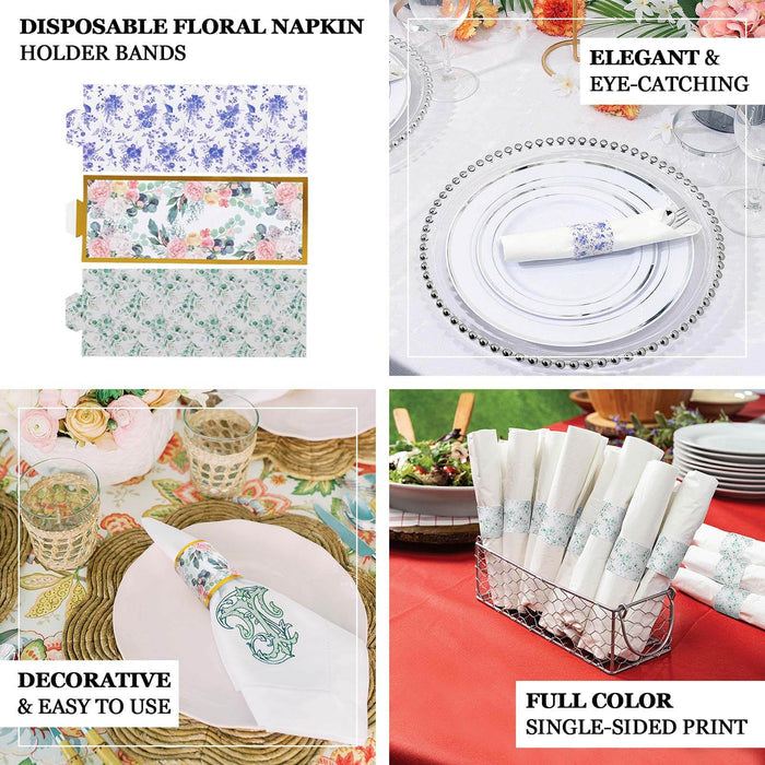 Floral disposable napkin holder bands for elegant table settings.