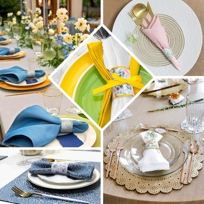 Elegant table settings with decorative napkin arrangements in various colors and styles.