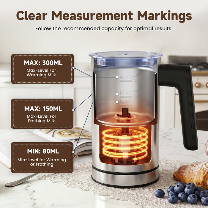 500W 4-In-1  Stainless Steel Milk Frother with Safe & Easy One-Touch Operation