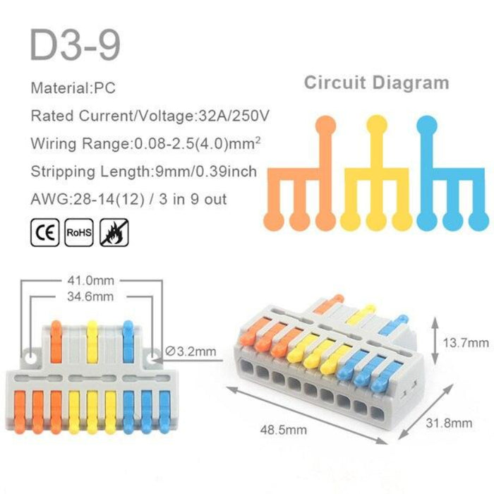 D3-9 3 in 9 Out Quick Wiring Connector Universal Splitter, Wiring Cable Push-in Home Terminal Block.