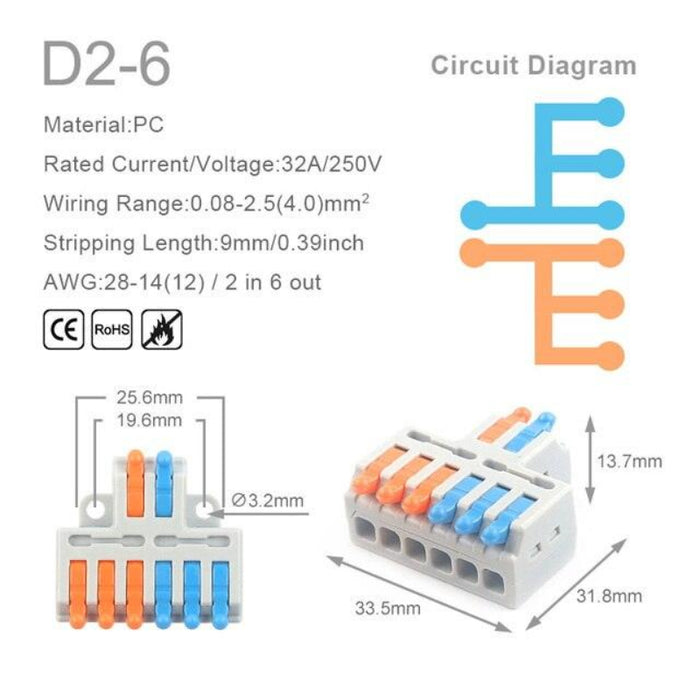 D2-5 2 in 6 Out Quick Wiring Connector Universal Splitter, Wiring Cable Push-in Home Terminal Block.