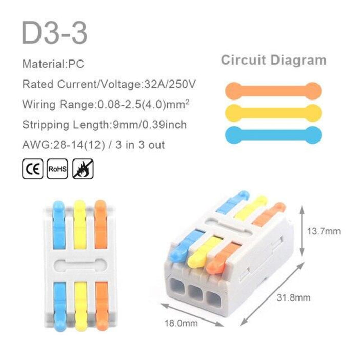 D3-3 3 in 3 Out Quick Wiring Connector Universal Splitter, Wiring Cable Push-in Home Terminal Block.