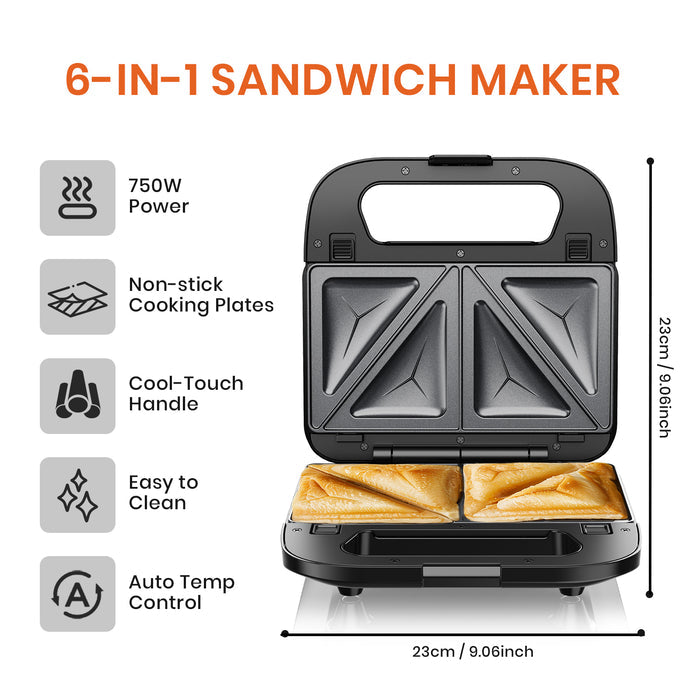 6-in-1 Sandwich Maker with Interchangeable Plates and Fast Heating