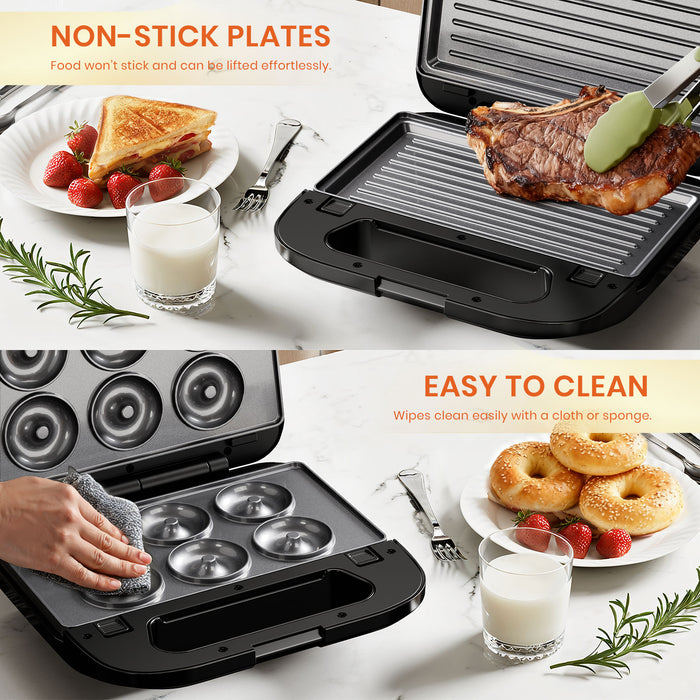 6-in-1 Sandwich Maker with Interchangeable Plates and Fast Heating