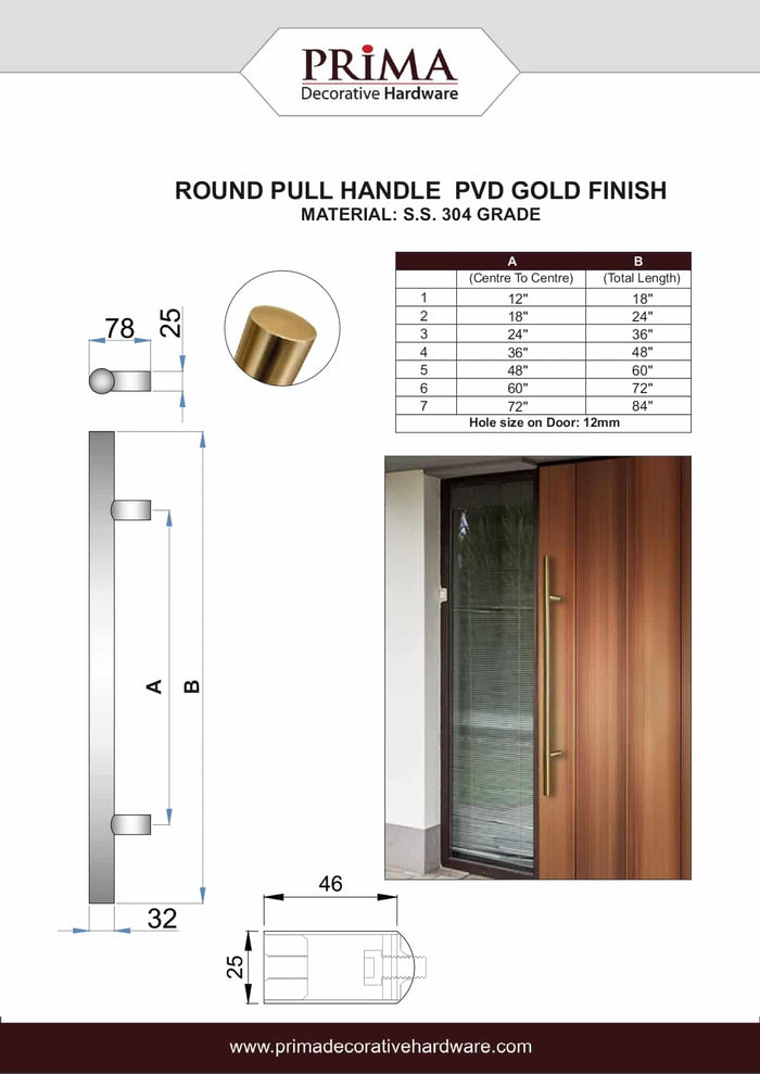 72" Single-Sided Round Entry Door Pull Handle | 304 Stainless Steel - PVD Gold Finish