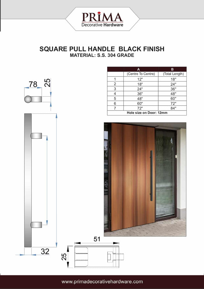 72" Single-Sided Square Entry Door Pull Handle | 304 Stainless Steel - Black Matte Finish