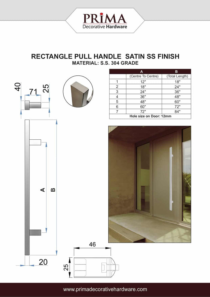 84" Single-Sided Rectangle Entry Door Pull Handle | 304 Stainless Steel - Satin Brushed Finish