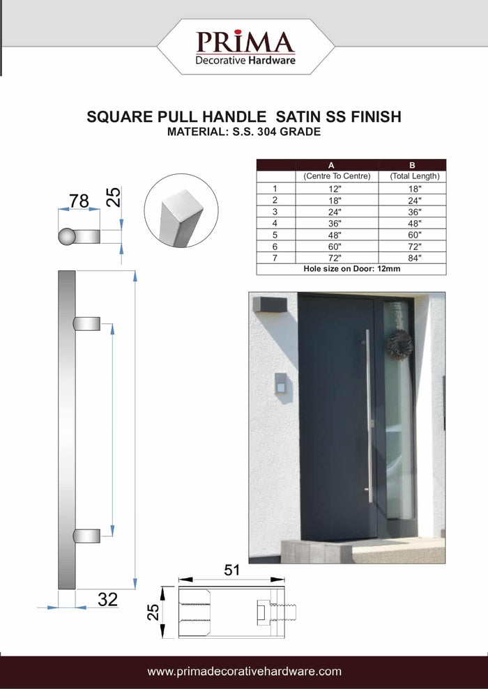 84" Single-Sided Square Entry Door Pull Handle | 304 Stainless Steel - Satin Brushed Finish
