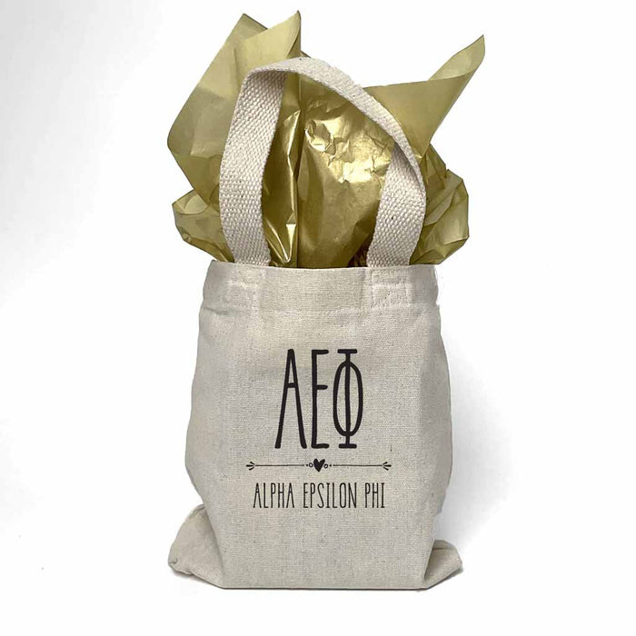 Sorority name printed with boho design on mini natural canvas tote bag makes the perfect gift for your sorority sisters.