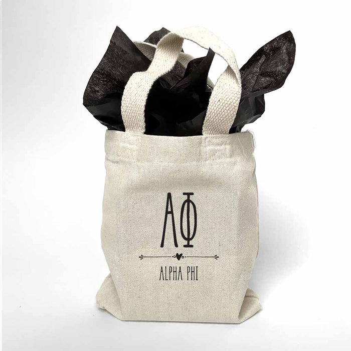 Sorority name printed with boho design on mini natural canvas tote bag makes the perfect gift for your sorority sisters.