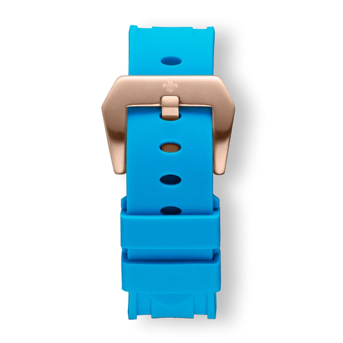 Blue Silicone Strap With Rose Gold Buckle for men, featuring a vibrant blue silicone band paired with a bold rose gold buckle, designed for a statement luxury watch look.