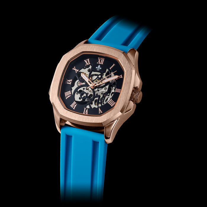 Luxury men's watch with Blue Silicone Strap With Rose Gold Buckle, featuring a rose gold case, black dial with Roman numerals, and detailed chronograph subdials, bold by design.