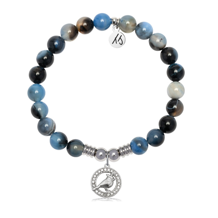 Cardinal White CZ Charm with Black and Blue Agate Gemstone Bracelet