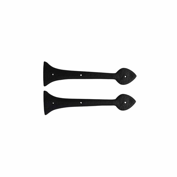Two black powder-coated decorative strap hinges by Prima Decorative Hardware, each with rounded arrowhead tips, displayed parallel on a white background.