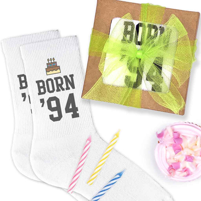 Gift wrap included with custom birthday socks printed with age on cotton crew socks
