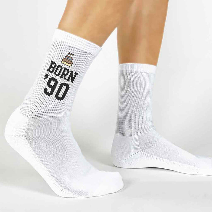 Birthday socks for her printed with custom year on white crew socks and boxed