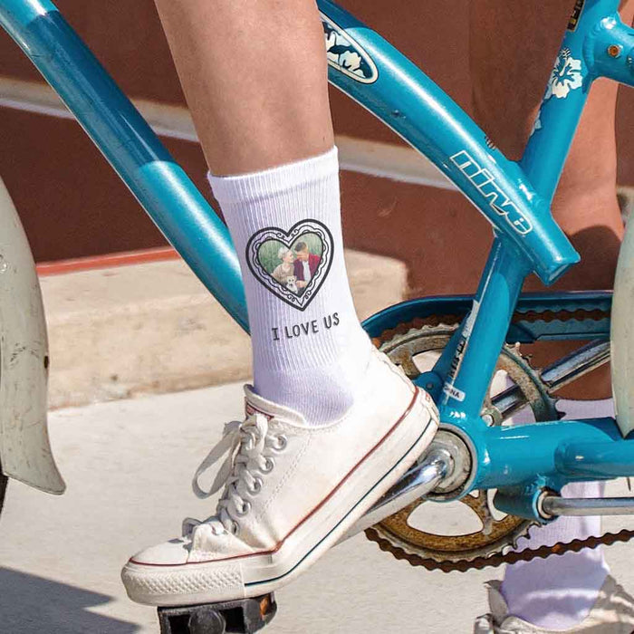 Heart shaped frame design personalized with your own photo and text on white cotton crew socks.