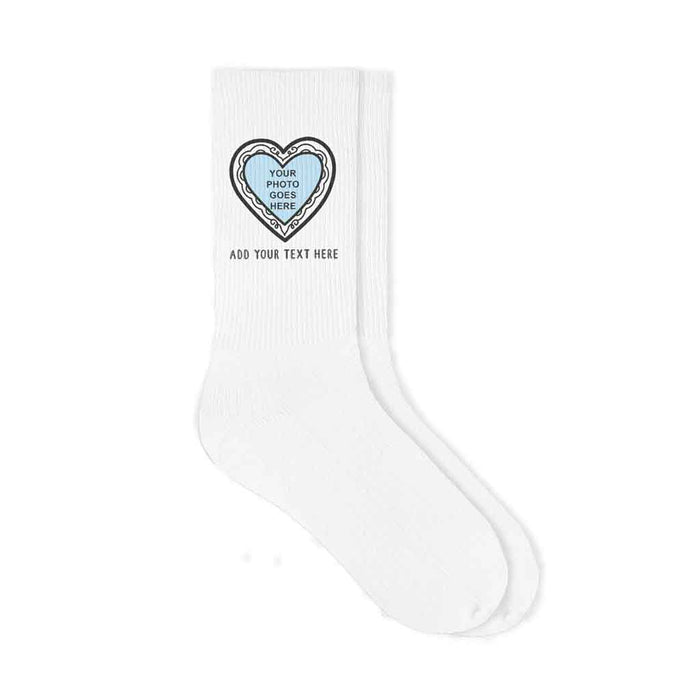 Heart shaped frame design custom printed on white cotton crew socks and personalized with your photo and text.