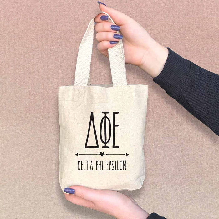 Delta Phi Epsilon sorority name boho design digitally printed on the perfect mini size natural canvas tote bag