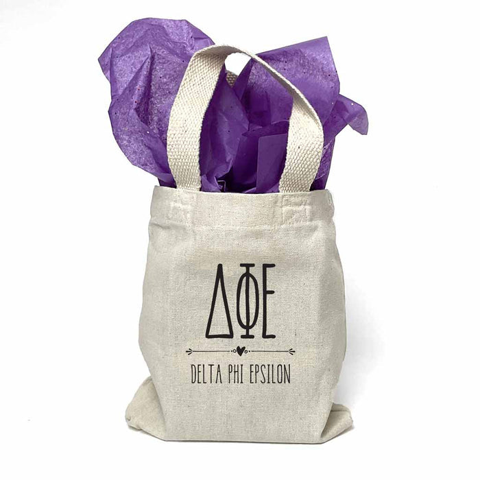 Sorority name printed with boho design on mini natural canvas tote bag makes the perfect gift for your sorority sisters.