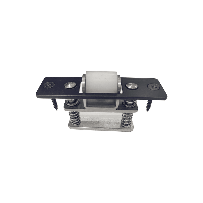 Prima Decorative Hardware metal and plastic Silent Roller Latch features a white cylindrical roller, black mounting plate, two visible screws, and dual metal springs, all shown isolated on a white background.